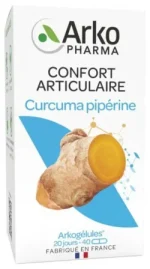 Boîte de compléments alimentaires Arkopharma Arkogélules Curcuma Pipérine pour le confort articulaire avec illustration d'un rhizome de curcuma coupé
