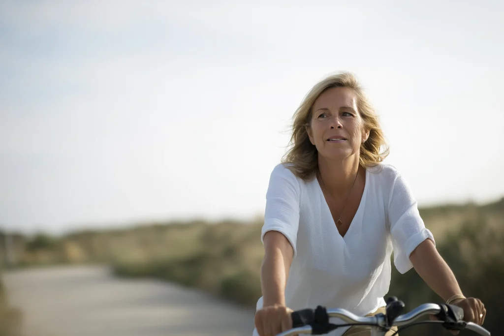 Femme mature faisant du vélo tranquillement sur terrain plat en extérieur