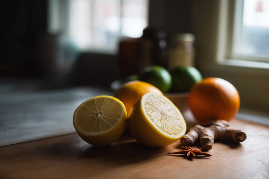 Table de cuisine avec des aliments acides pouvant irriter la muqueuse buccale
