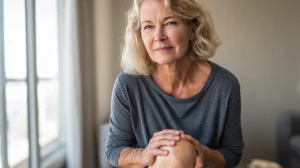 Personne de plus de 60 ans debout dans son salon, tenant légèrement son genou douloureux en lumière naturelle