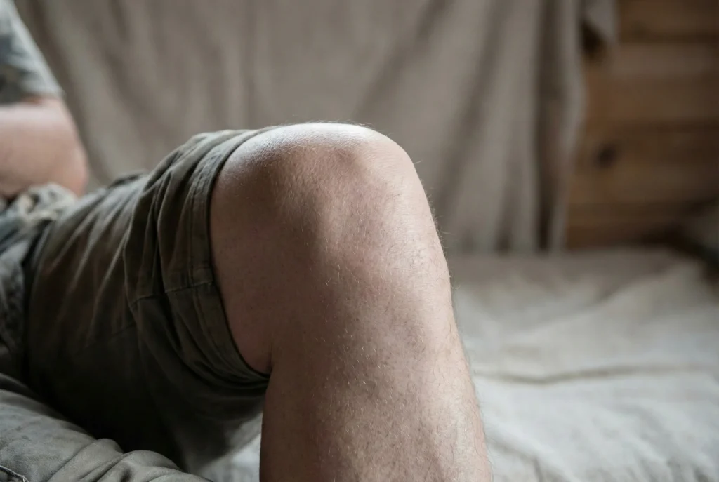 Gros plan naturel d’un genou adulte au repos, peau réaliste et lumière douce