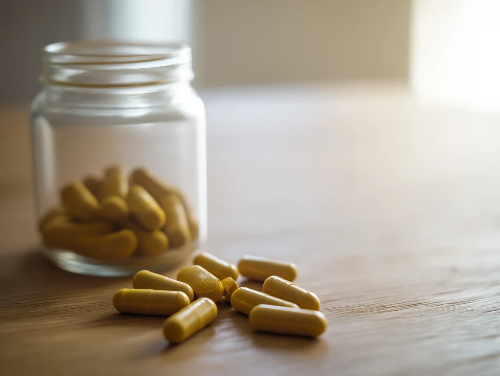Bocal en verre transparent contenant des gélules de curcuma, avec plusieurs capsules jaunes renversées sur une table en bois.