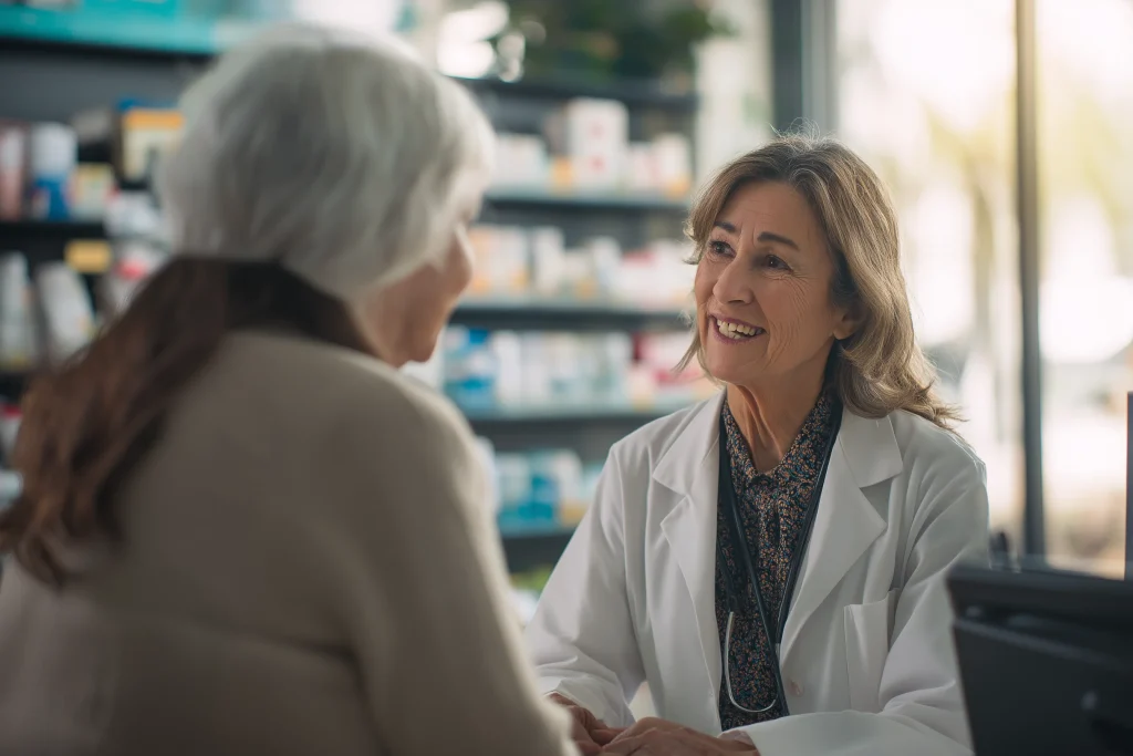 Pharmacien discutant calmement avec une personne âgée au comptoir d’une pharmacie
