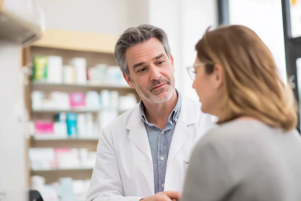 Pharmacien en blouse blanche écoutant attentivement une cliente dans une officine pour un conseil santé
