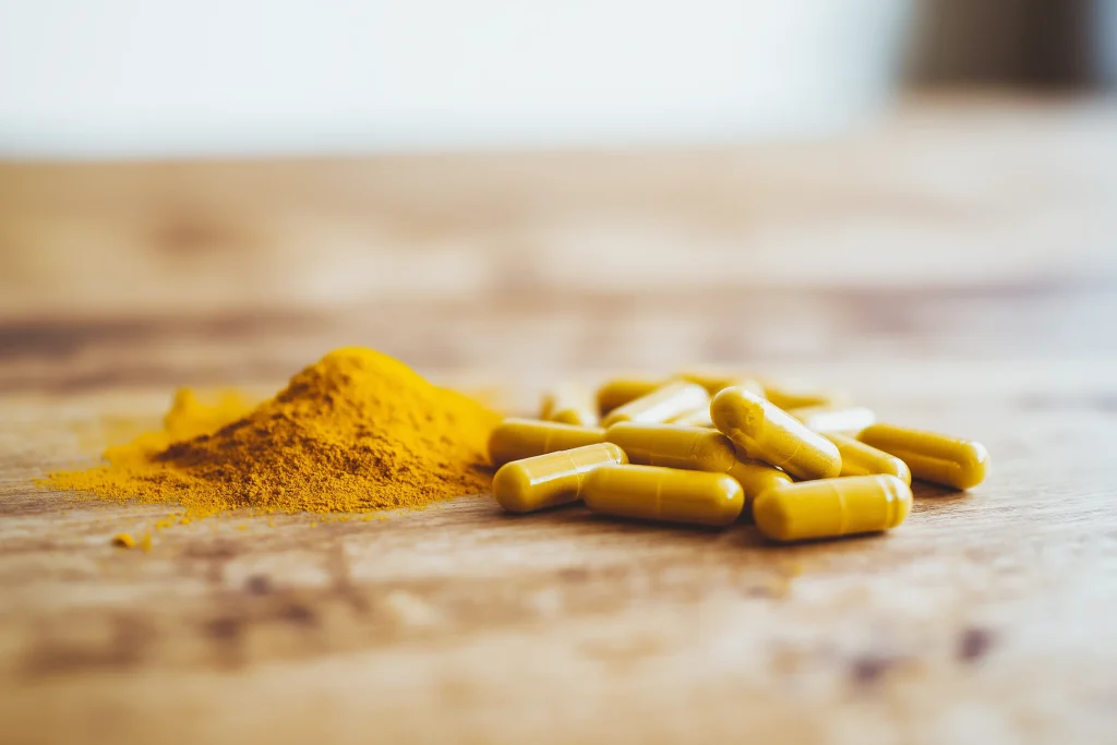 Comparaison visuelle entre un tas de poudre de curcuma brute et des gélules de complément alimentaire jaune sur une table en bois