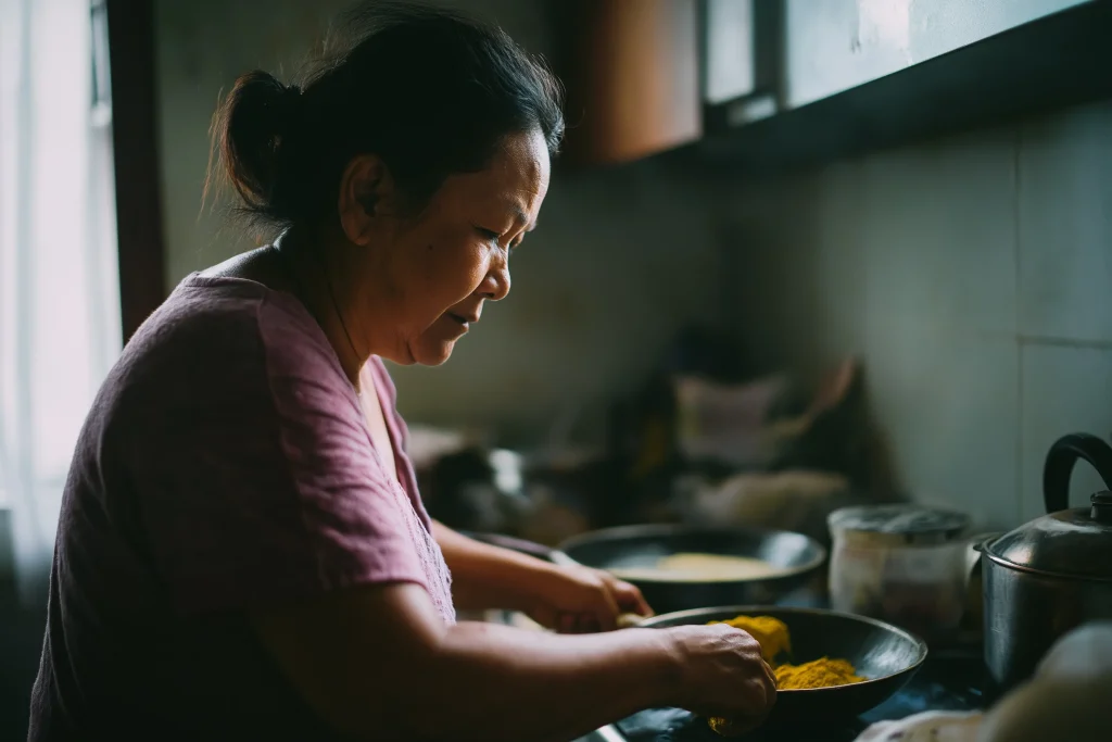 Femme préparant un plat traditionnel dans une cuisine rustique en ajoutant de la poudre de curcuma jaune vif dans une poêle