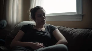 Femme assise dans son salon, la main posée sur le bas-ventre, exprimant une gêne liée à l’endométriose dans un environnement domestique.