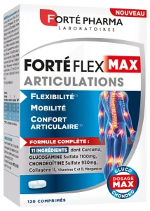 Boîte de Forté Flex Max Articulations de Forté Pharma avec illustration du squelette humain et mentions des dosages Glucosamine Chondroïtine