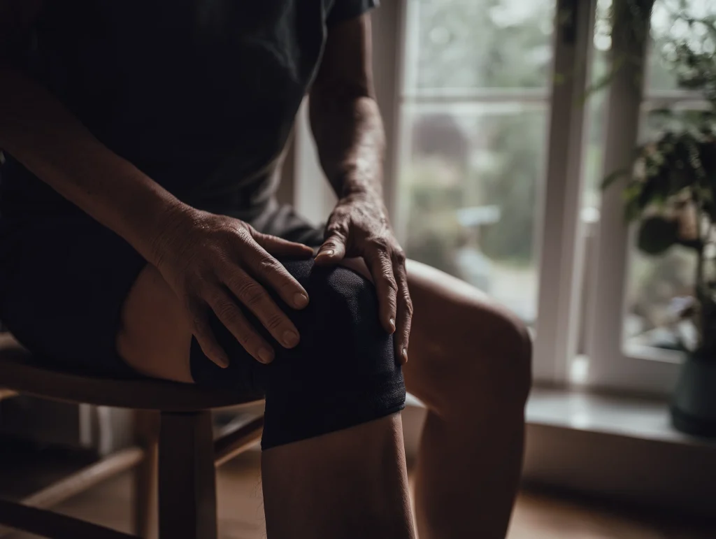 Personne assise à domicile ajustant une genouillère sur son genou