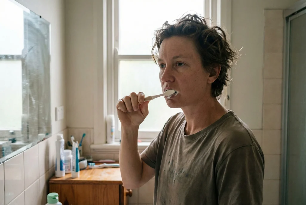 Personne se brossant les dents avec une brosse souple dans une salle de bain
