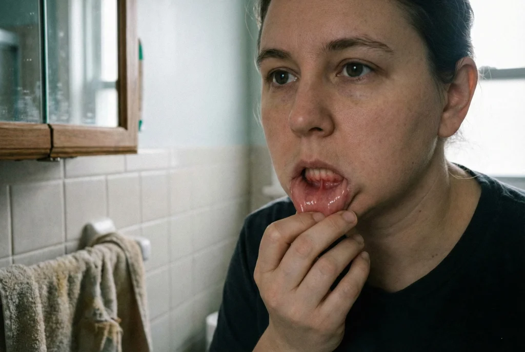 Personne montrant l’intérieur de sa bouche en indiquant une zone douloureuse sur la langue