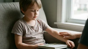 Jeune enfant à la maison avec une éruption cutanée légère évoquant les premiers signes de la varicelle.