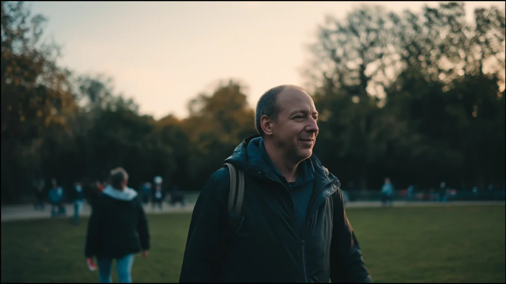 Adulte marchant tranquillement dans un parc, lumière douce de fin de journée, atmosphère apaisante.
