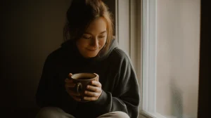Adulte assis près d’une fenêtre chez lui, tenant une tasse chaude dans une ambiance calme et lumineuse, évoquant le bien-être et l’équilibre.