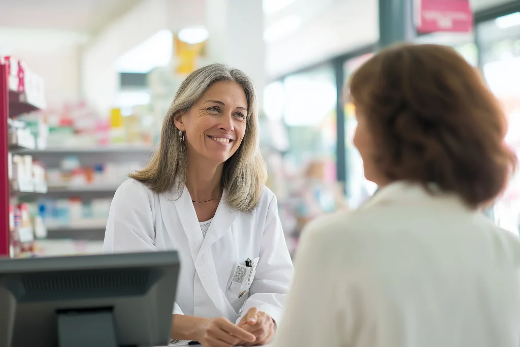 Pharmacien échangeant calmement avec une cliente au comptoir, dans une pharmacie lumineuse.