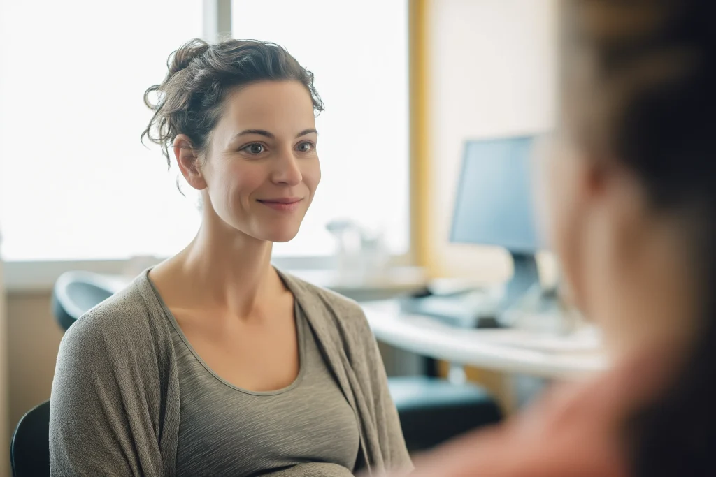 Femme en post-partum assise face à une sage-femme ou médecin, échange calme dans un cabinet lumineux
