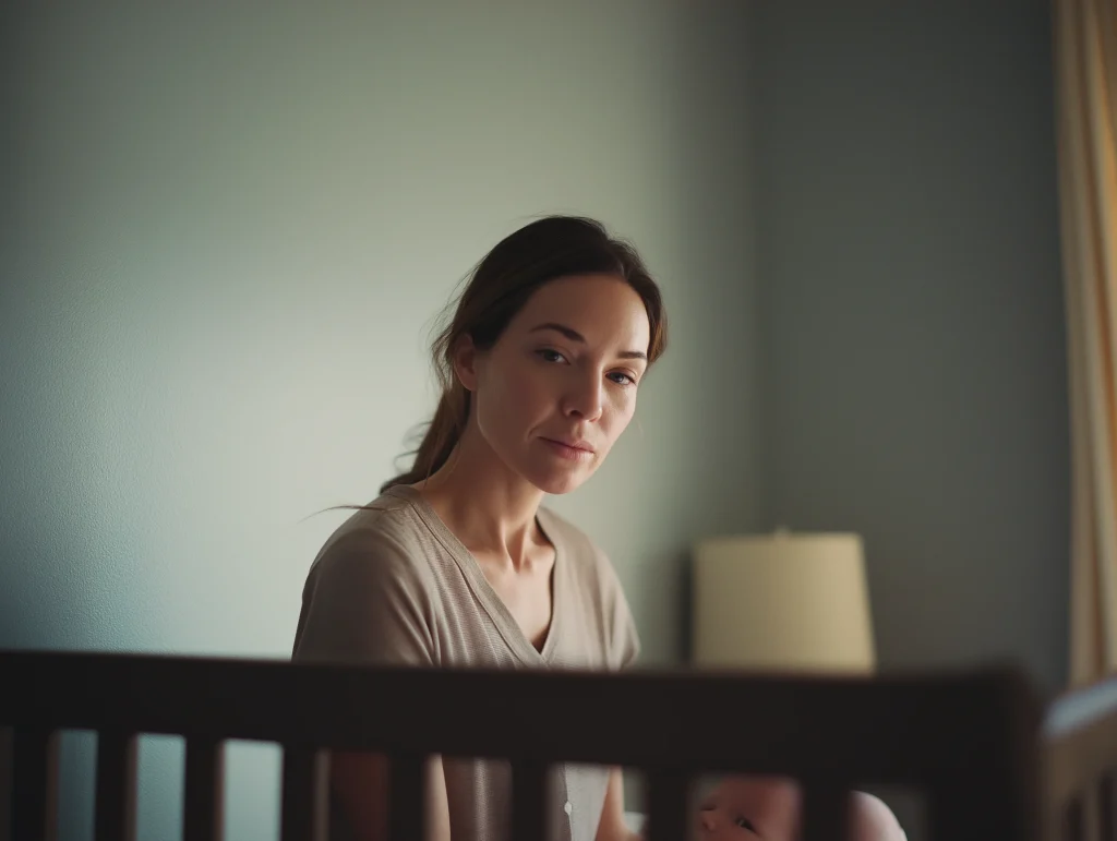 Mère regardant son bébé dans son berceau avec une expression calme mais distante, dans une chambre lumineuse
