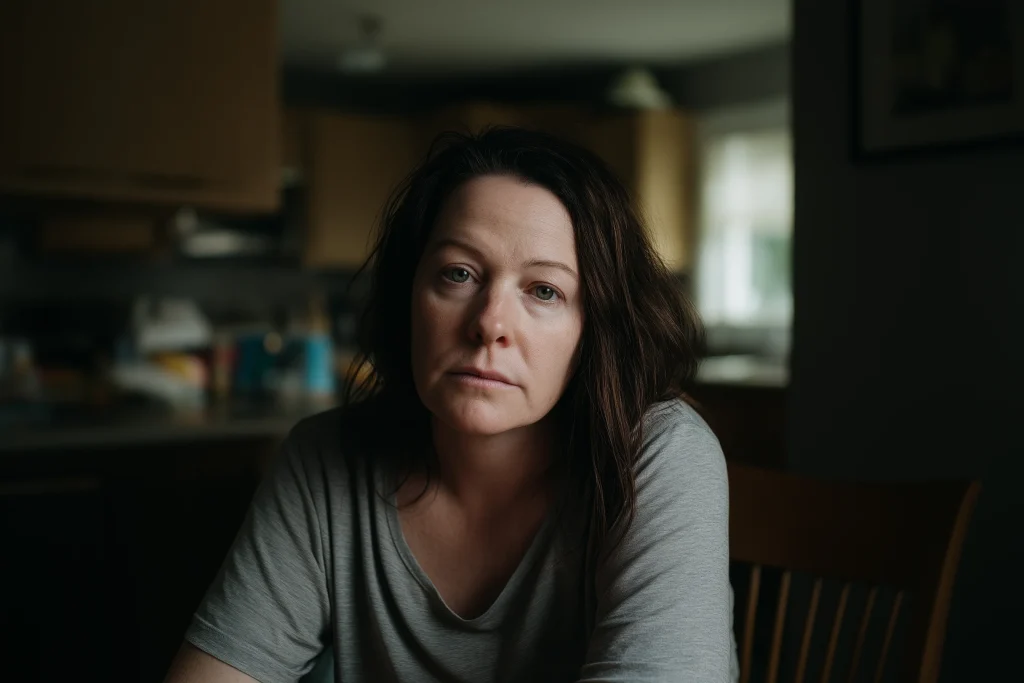 Mère en post-partum assise à une table de cuisine, posture fatiguée mais calme, lumière naturelle du matin
