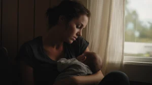 Jeune mère assise près d’une fenêtre dans un intérieur lumineux, tenant son nouveau-né avec une présence attentive malgré les signes de Dépression post-partum.