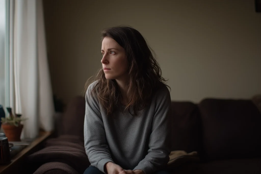 Femme en post-partum assise seule sur un canapé, regard perdu, dans un salon éclairé naturellement, exprimant une tristesse persistante
