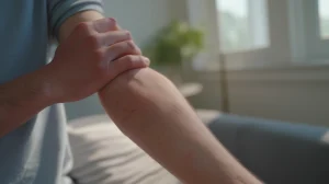 Adulte observant calmement une plaque d’eczéma sur son avant-bras dans un intérieur lumineux