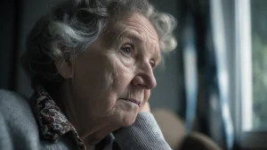 Personne âgée assise près d’une fenêtre, l’air pensif, dans un intérieur calme et lumineux