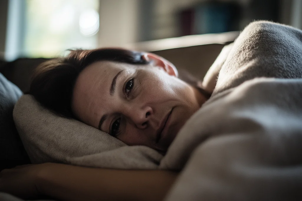 Adulte allongé sur un canapé en journée avec plaid léger, visage fatigué mais serein, lumière naturelle
