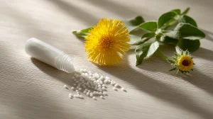 Flacon de granules homéopathiques d'Arnica renversé à côté d'une fleur de tussilage jaune sur une table en bois clair.