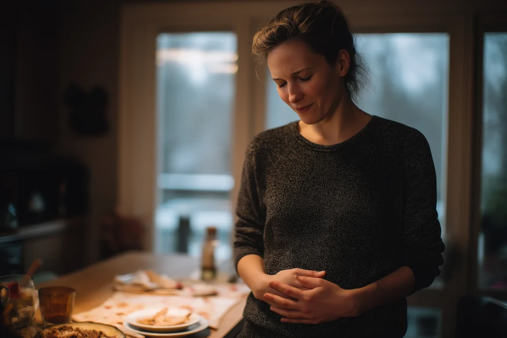 Adulte debout dans une cuisine tenant doucement son ventre après un repas copieux, expression calme