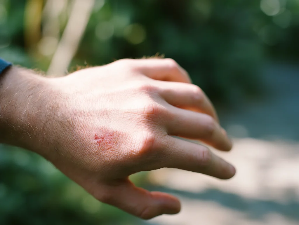 Gros plan sur une main présentant un gonflement localisé après une piqûre d’insecte dans un jardin