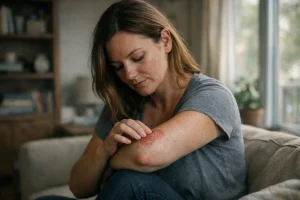 Femme adulte observant calmement une plaque de psoriasis sur son coude près d’une fenêtre en lumière naturelle