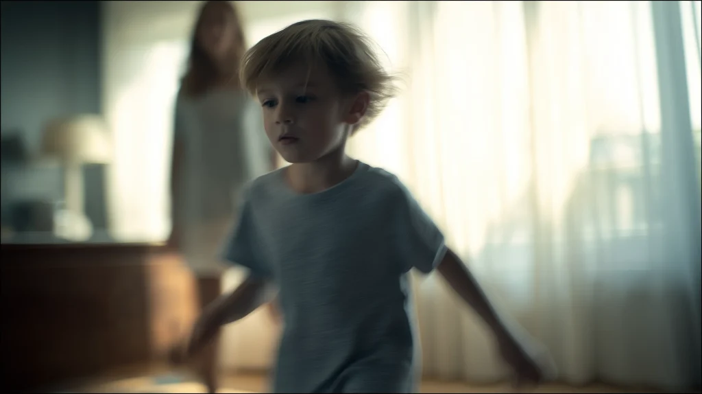 Enfant de 8 ans en mouvement dans un salon lumineux, flou léger traduisant l’hyperactivité liée au TDAH chez l’enfant