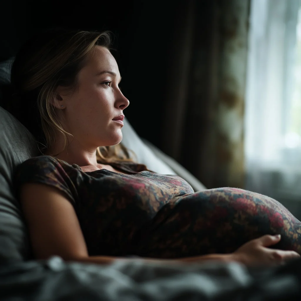 Femme enceinte de 24 semaines allongée sur le côté, main immobile sur son ventre, regard concentré et attentif