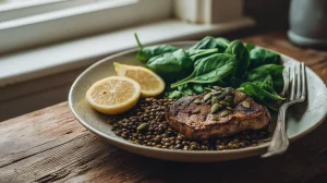 Carence en fer: Vue du dessus d'une assiette composée d'aliments riches en fer : viande rouge, lentilles, épinards frais et quartiers de citron