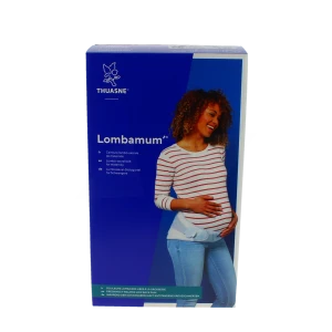 Emballage bleu de la ceinture lombaire de maternité Thuasne Lombamum, montrant une femme enceinte souriante qui porte le bandeau de maintien blanc sur un t-shirt marinière.