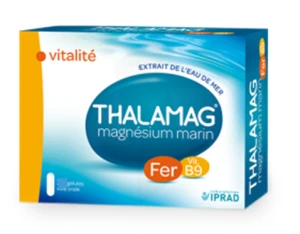 Boîte de complément alimentaire Thalamag magnésium marin vitalité, extraits d'eau de mer avec Fer et Vit B9, des laboratoires Iprad.