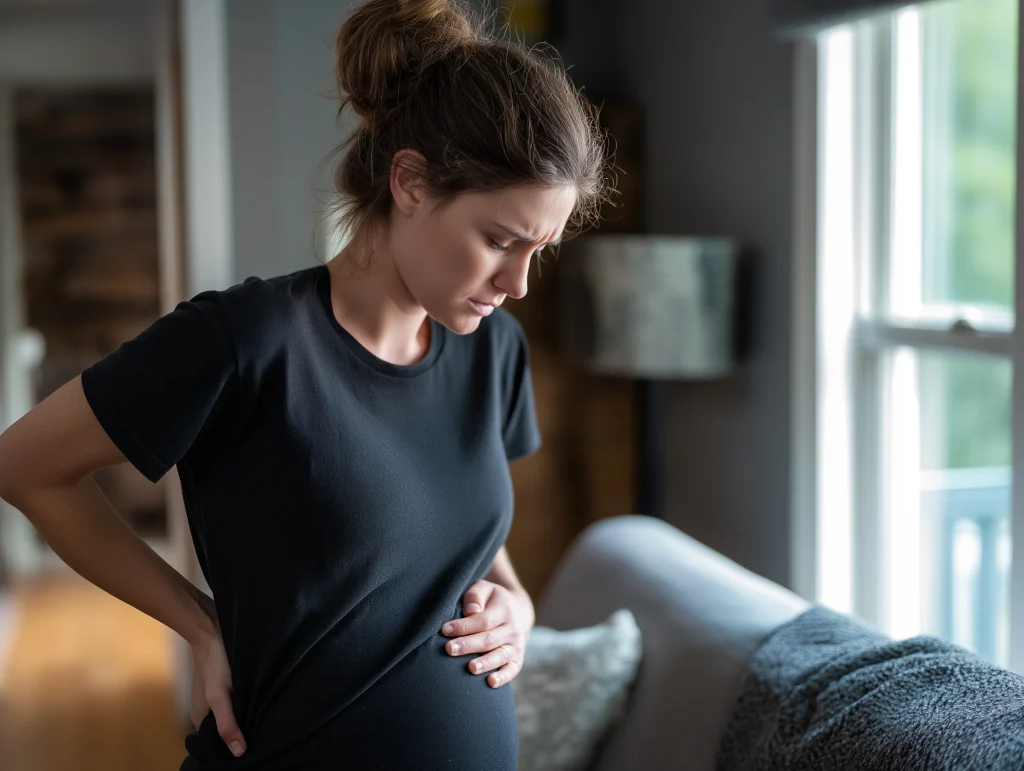 Femme enceinte tenant brièvement le côté droit de son bas-ventre après un mouvement brusque