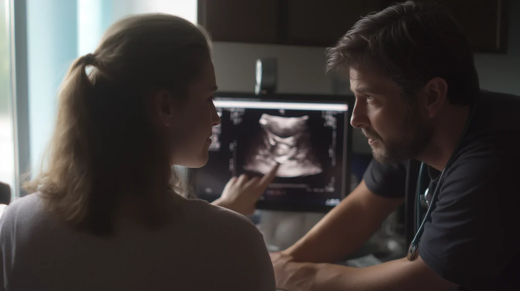 Couple observant attentivement une échographie morphologique détaillée autour de 22 semaines de grossesse