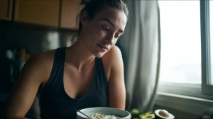 Une femme d’une trentaine d’années prend calmement son petit-déjeuner dans une cuisine lumineuse, avec des flocons d’avoine, un yaourt nature, un œuf et de l’avocat sur la table.