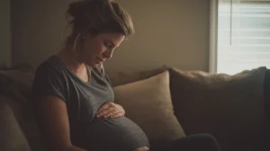 Calendrier de grossesse: Femme enceinte de 18 semaines assise sur un canapé, main posée sur son ventre arrondi, surprise douce en sentant un premier mouvement