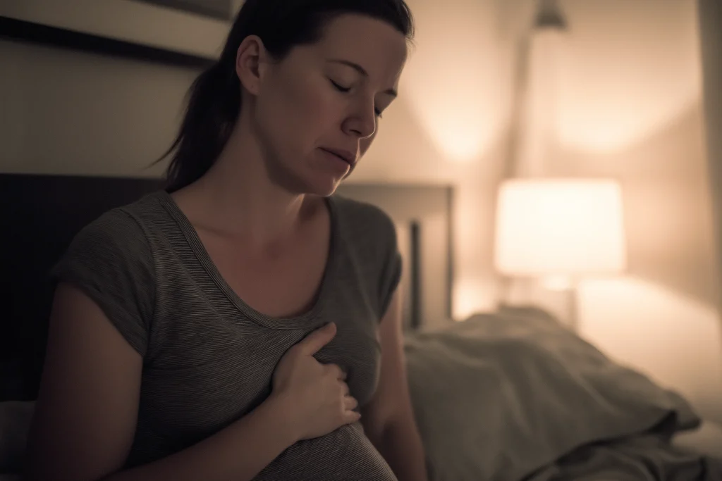 Femme enceinte assise dans son lit le soir, main sur le haut de l’abdomen, inconfort léger lié à un reflux