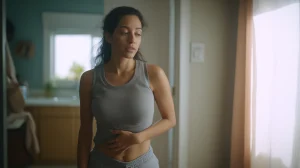 Cystite: Femme adulte dans un appartement lumineux qui se dirige calmement vers la salle de bain, une main posée sur le bas-ventre