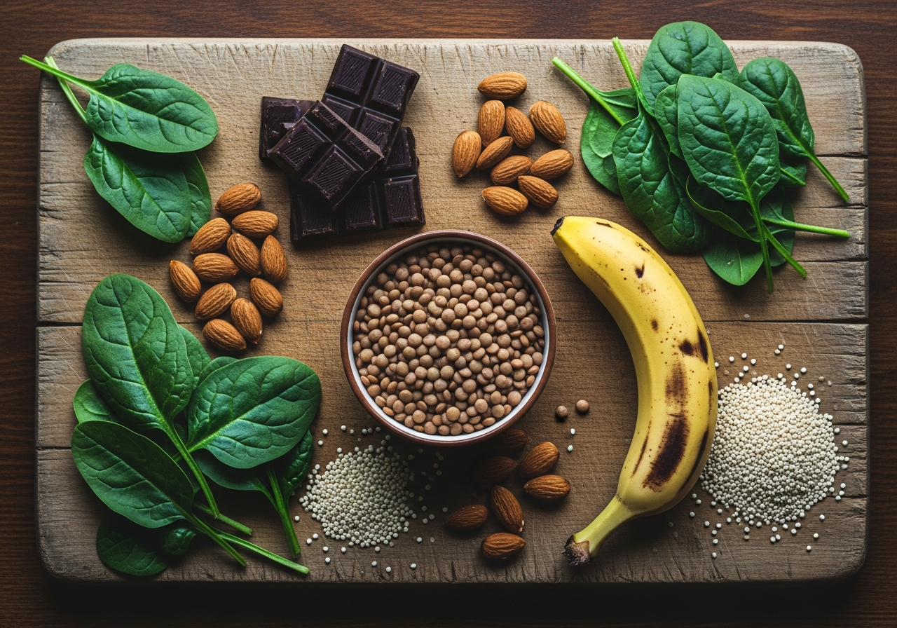Plateau d'aliments riches en magnésium : amandes, chocolat noir, épinards, lentilles, graines de sésame et bananes