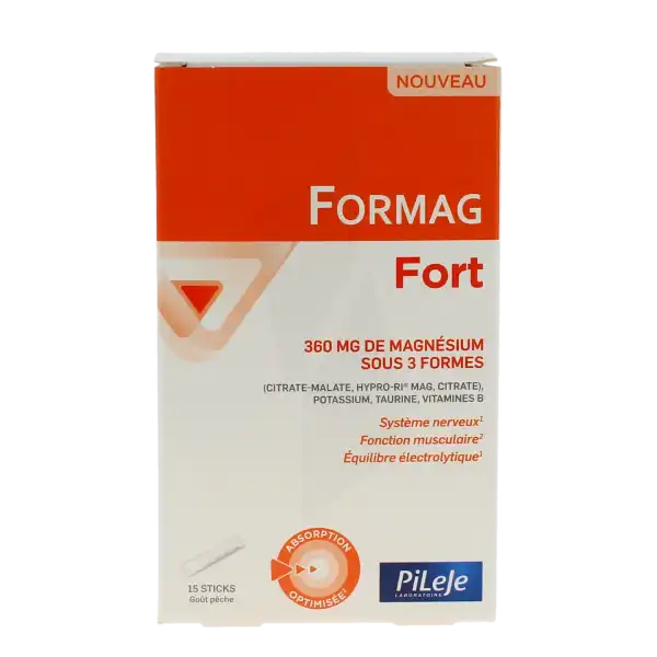 Boîte de 15 sticks Pileje Formag Fort poudre à diluer saveur pêche pour un apport renforcé en magnésium