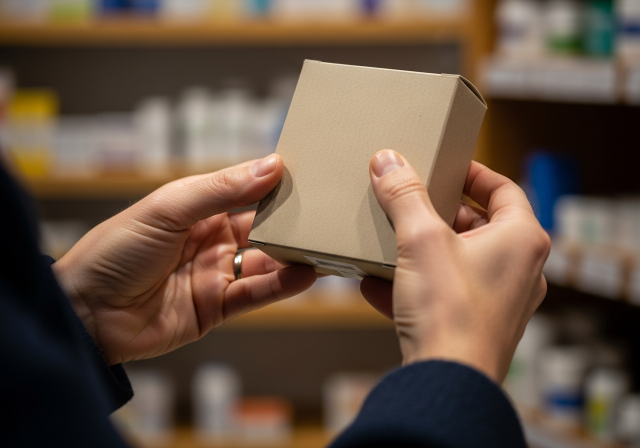 Mains tenant une boîte de complément alimentaire pour lire l'étiquette