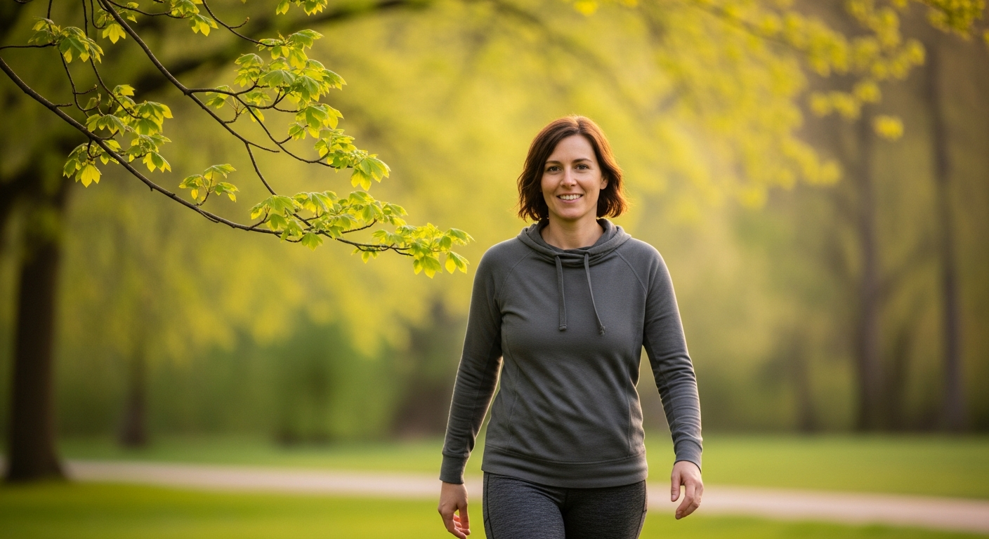 Femme souriante qui marche dans un parc au printemps