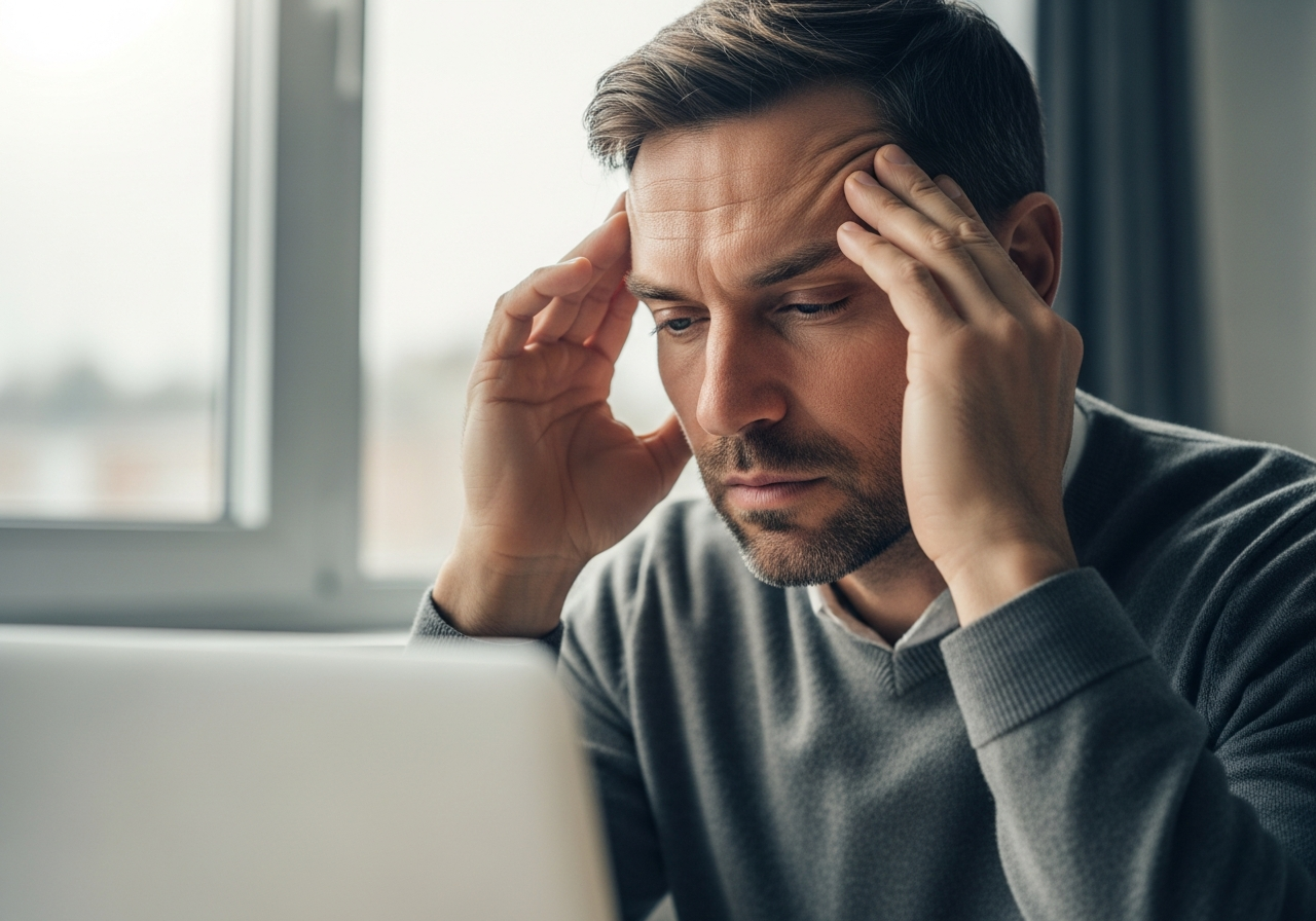 Homme fatigué se massant les tempes devant son écran d'ordinateur au bureau