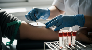 Bras tendu d'un patient en train d'être prélevé par une infirmière dans un laboratoire d'analyses médicales