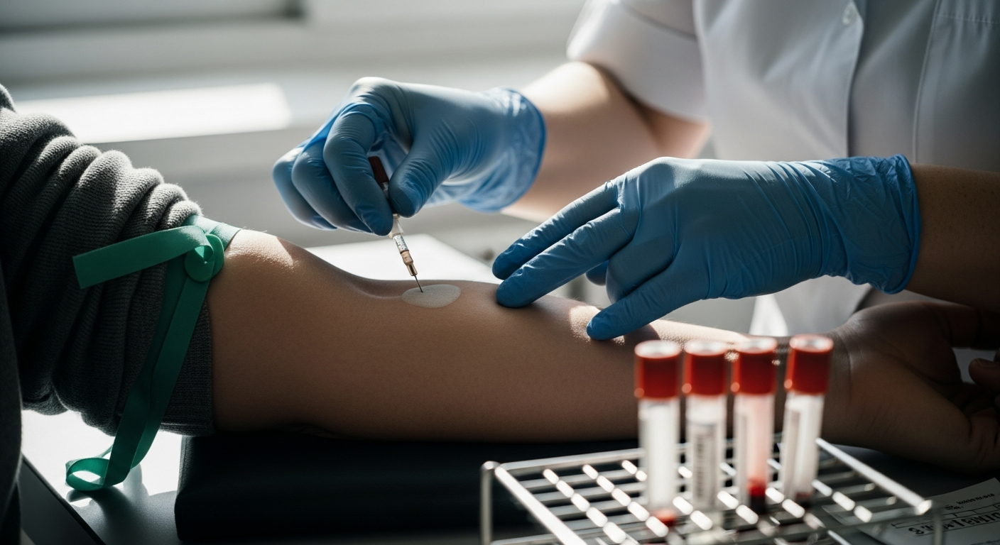 Bras tendu d'un patient en train d'être prélevé par une infirmière dans un laboratoire d'analyses médicales