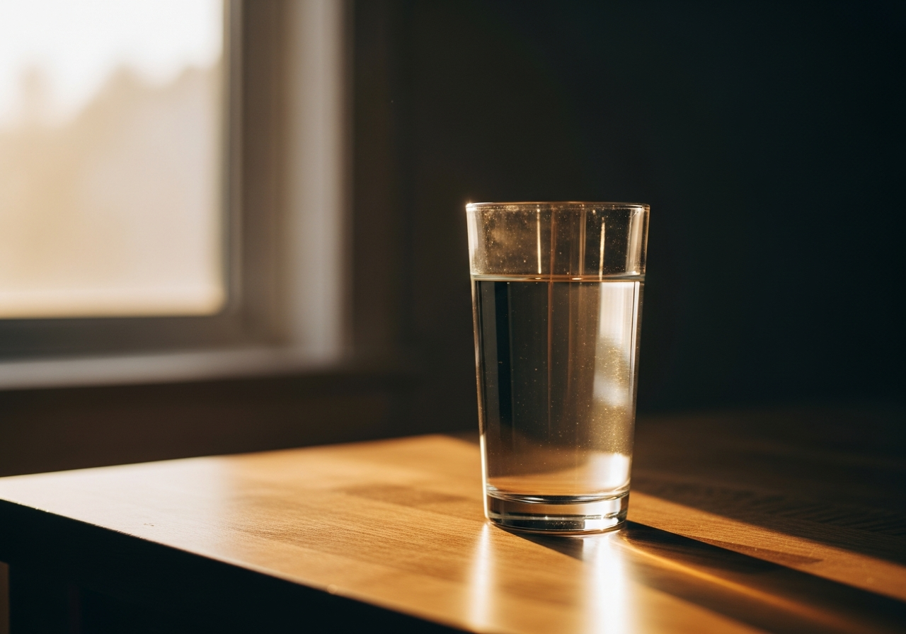 Verre d'eau plate sur une table de cuisine au lever du jour, représentation du jeûne avant prise de sang